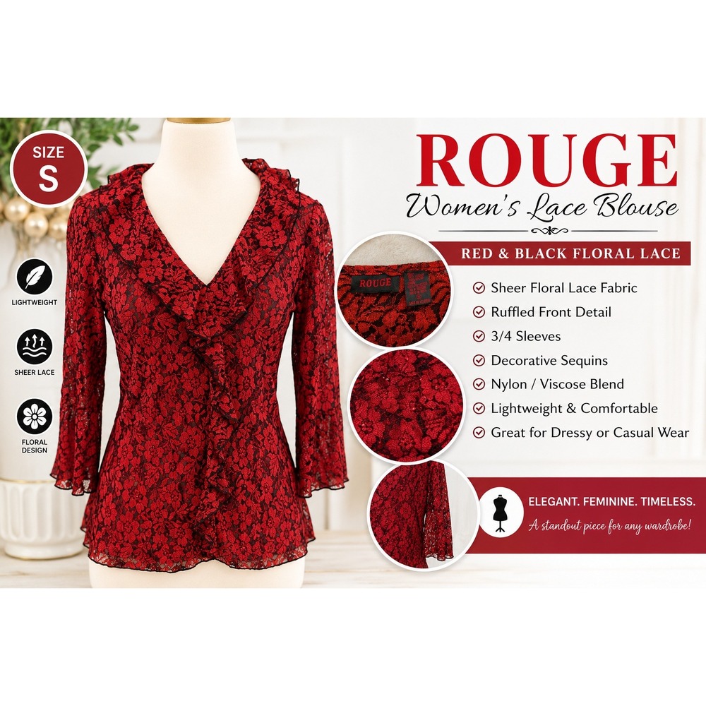 Rouge Women Red Black Floral Lace Ruffle V-Neck 3/4 Sleeve Sequin Blouse Small